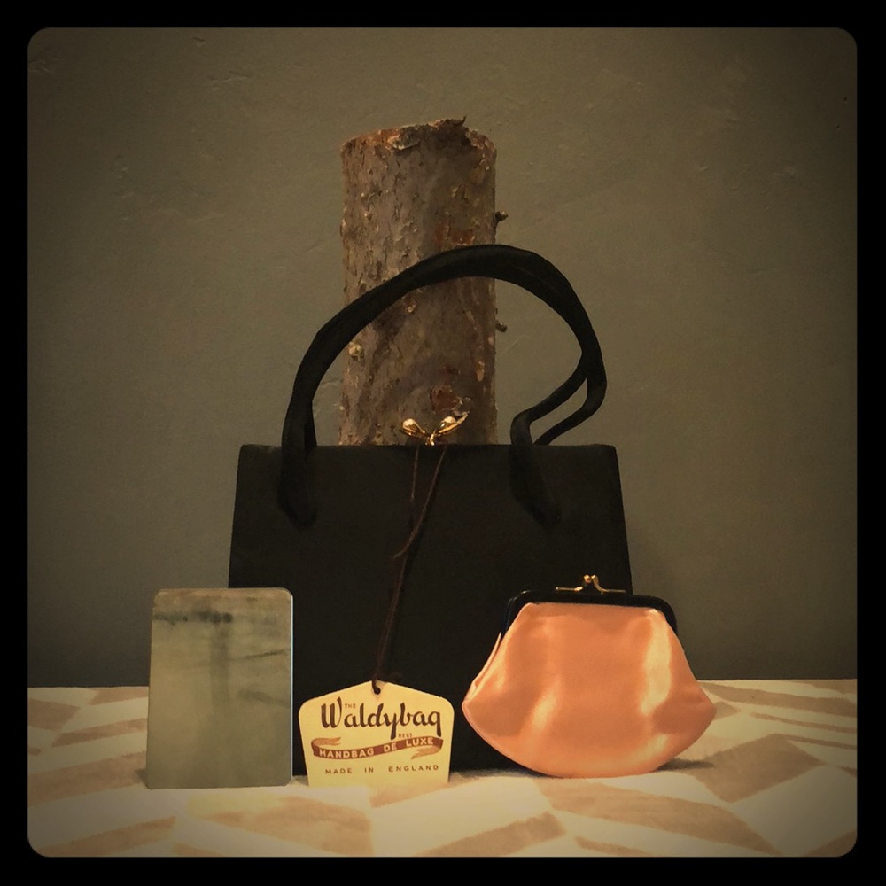 Vintage black satin Waldybag with original tag.